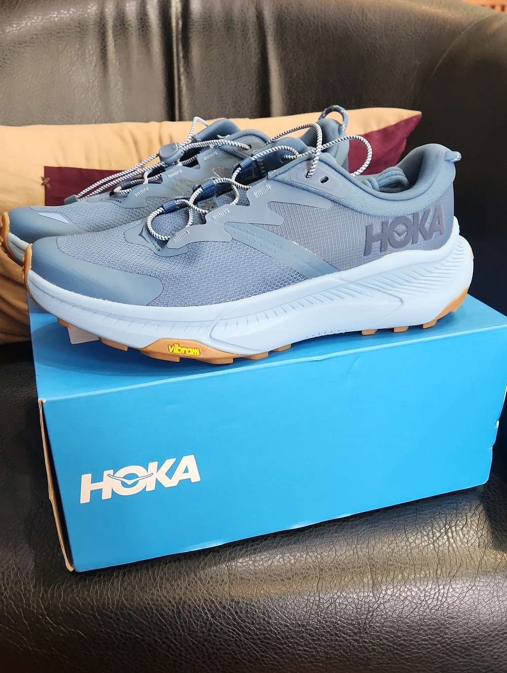 Hoka Gray-Blue Trail Sneakers with Gum Outsole
